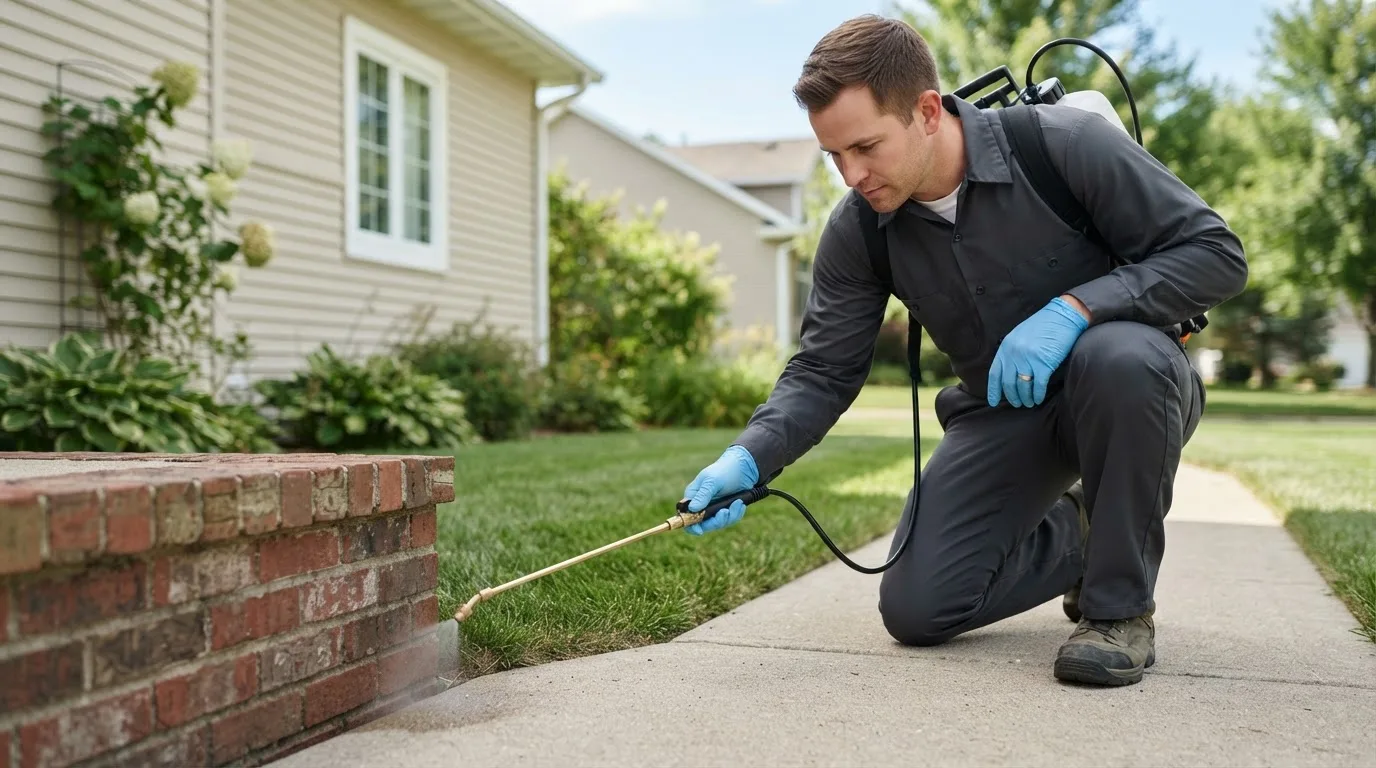 Pest control technician treating a home near Brighton, IL